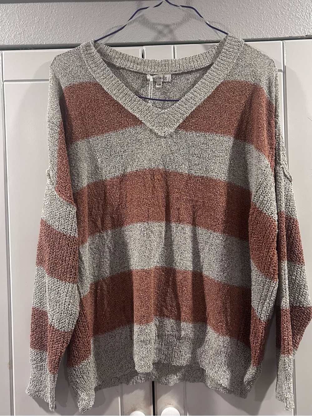 Miracle Striped V-Neck Sweater in Taupe & Light Gray